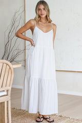 Alora Midi Dress - Textured V Neck Tiered Dress with Adjustable Straps in in White