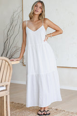 Alora Midi Dress - Textured V Neck Tiered Dress with Adjustable Straps in in White