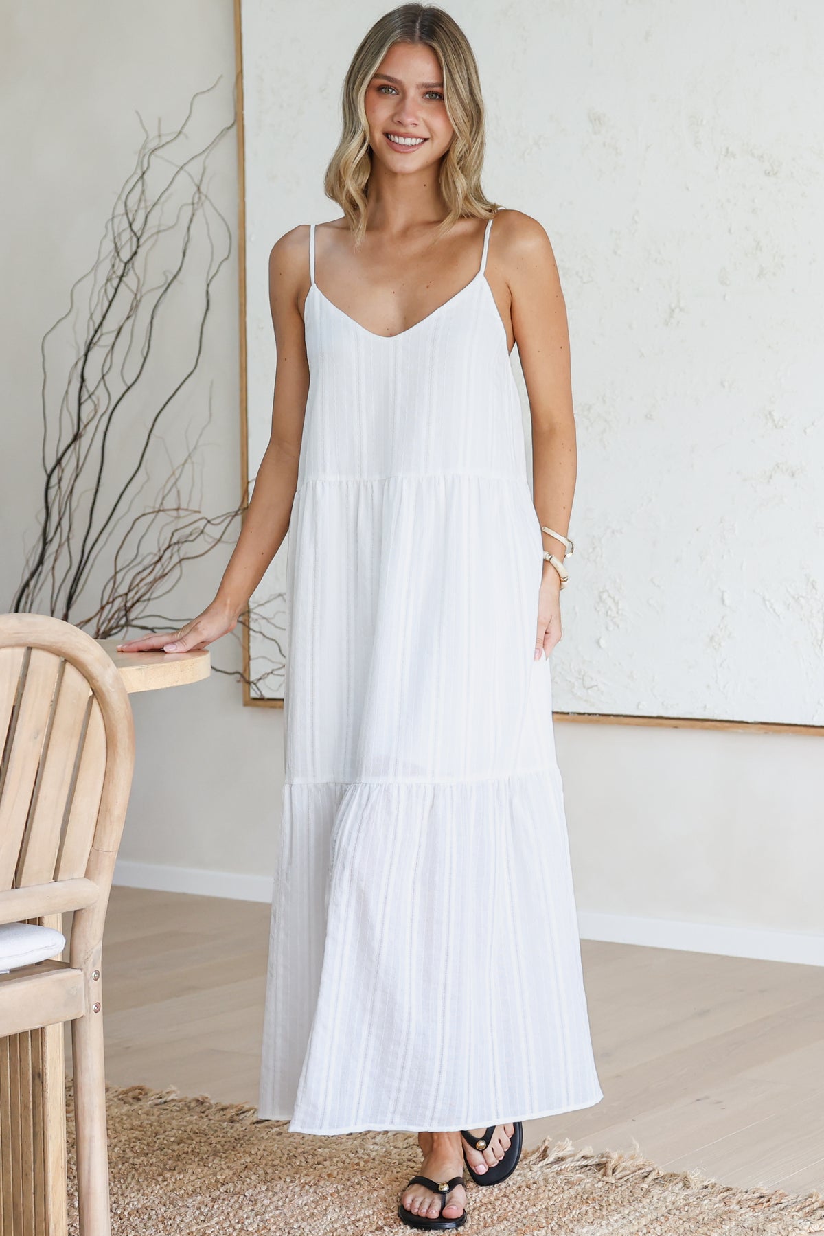 Alora Midi Dress - Textured V Neck Tiered Dress with Adjustable Straps in in White