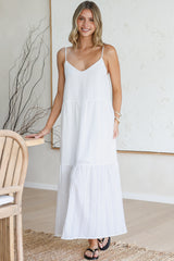 Alora Midi Dress - Textured V Neck Tiered Dress with Adjustable Straps in in White