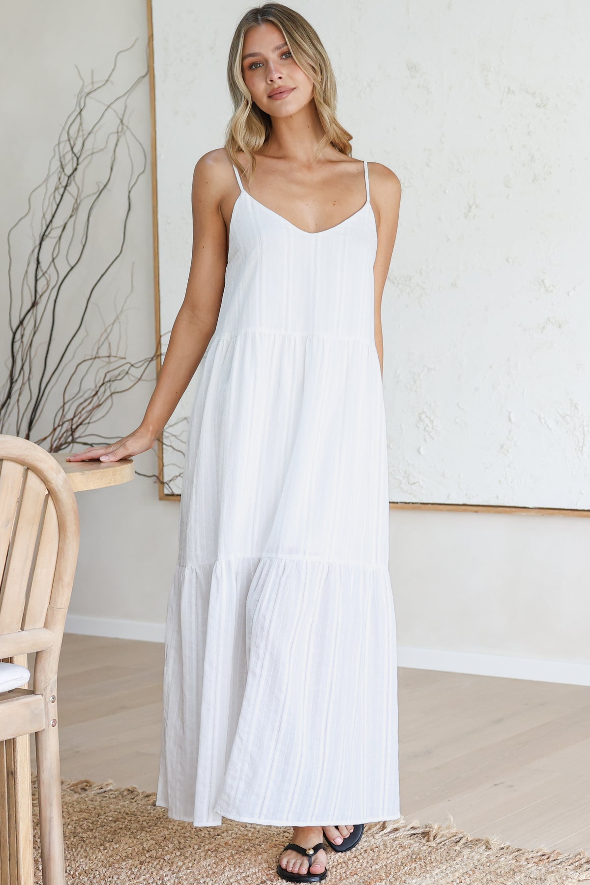 Alora Midi Dress - Textured V Neck Tiered Dress with Adjustable Straps in in White