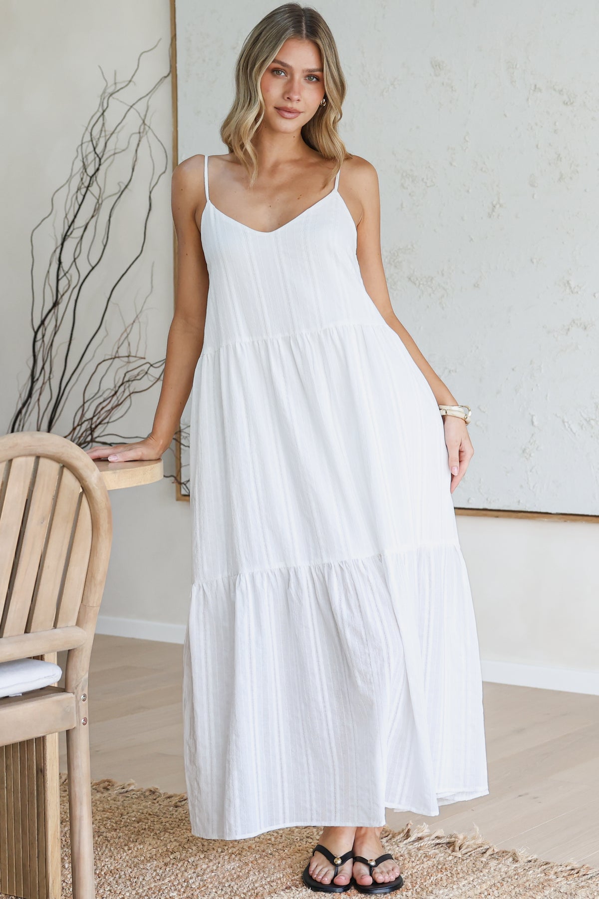 Alora Midi Dress - Textured V Neck Tiered Dress with Adjustable Straps in in White