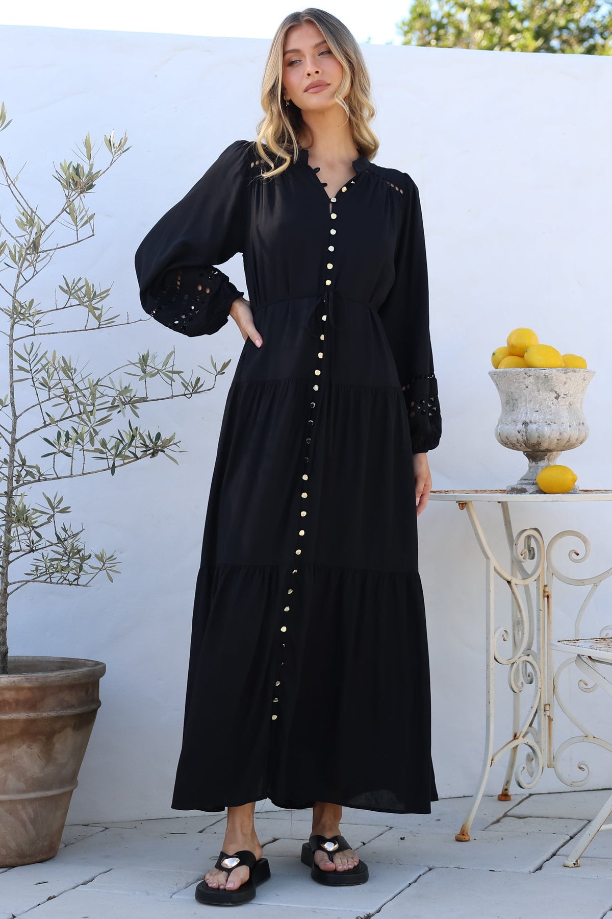 Alyce Maxi Dress Mandarin Collar Button Down Detachable Waist Tie