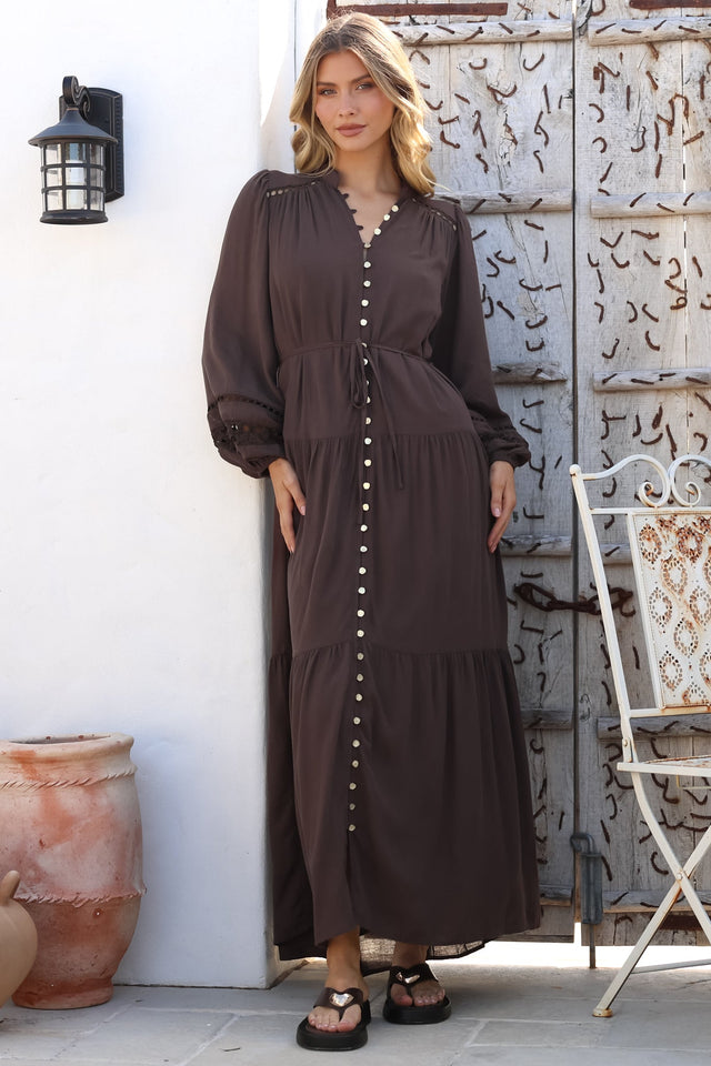 Model wearing Alyce Maxi Dress in Chocolate from Salty Crush