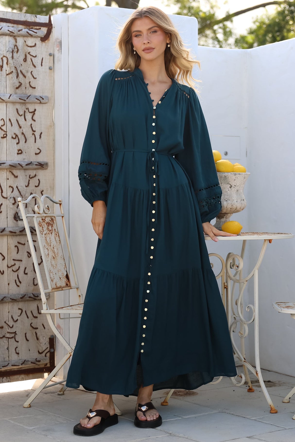 Model wearing Alyce Maxi Dress in Emerald from Salty Crush