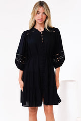 Alyce Mini Dress - Button Down Dress with Cut Out Detailed Sleeves and Matching Belt in Black