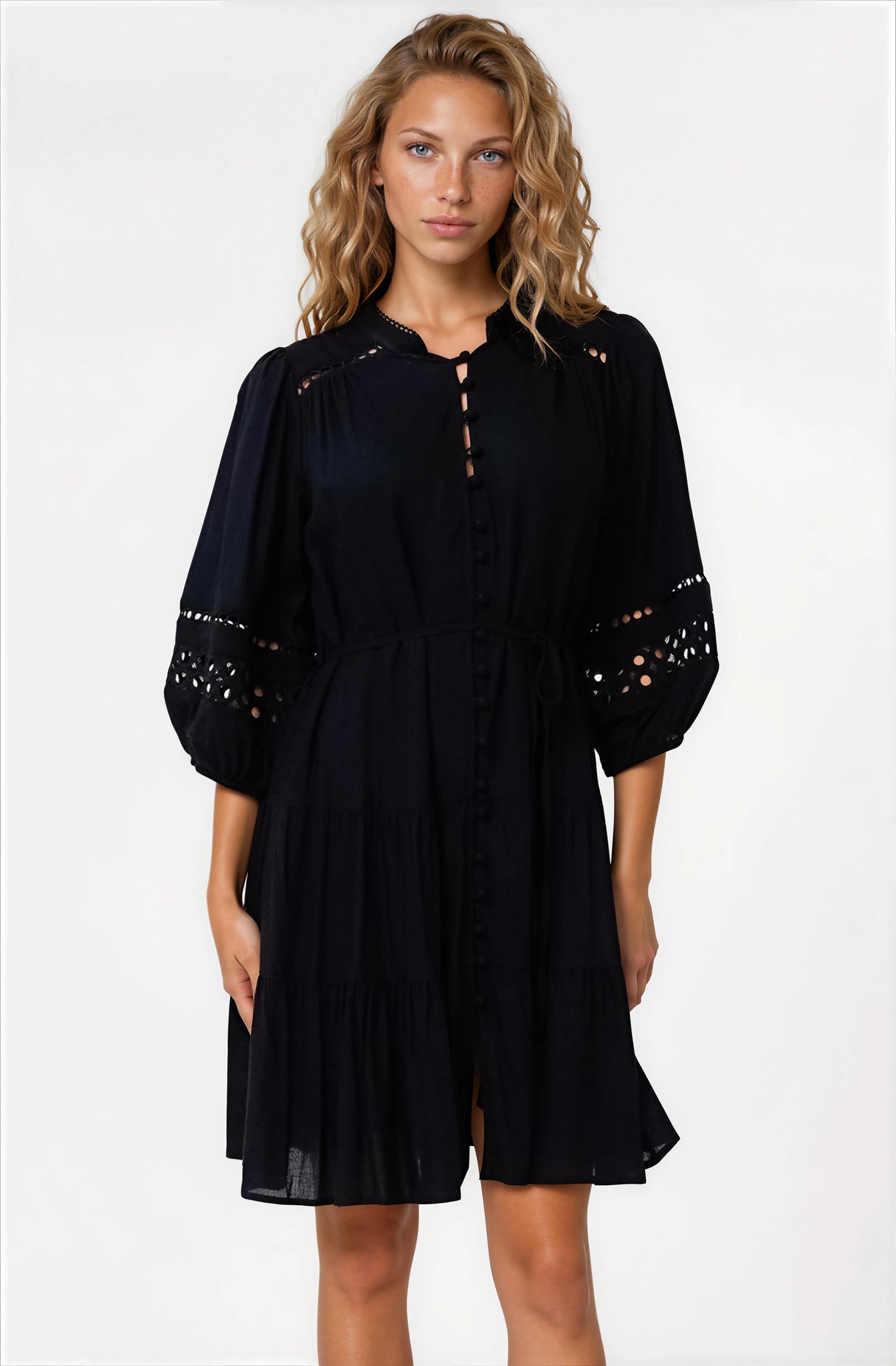 Alyce Mini Dress - Button Down Dress with Cut Out Detailed Sleeves and Matching Belt in Black