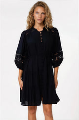 Alyce Mini Dress - Button Down Dress with Cut Out Detailed Sleeves and Matching Belt in Black