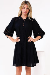 Alyce Mini Dress - Button Down Dress with Cut Out Detailed Sleeves and Matching Belt in Black