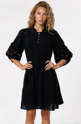 Alyce Mini Dress - Button Down Dress with Cut Out Detailed Sleeves and Matching Belt in Black