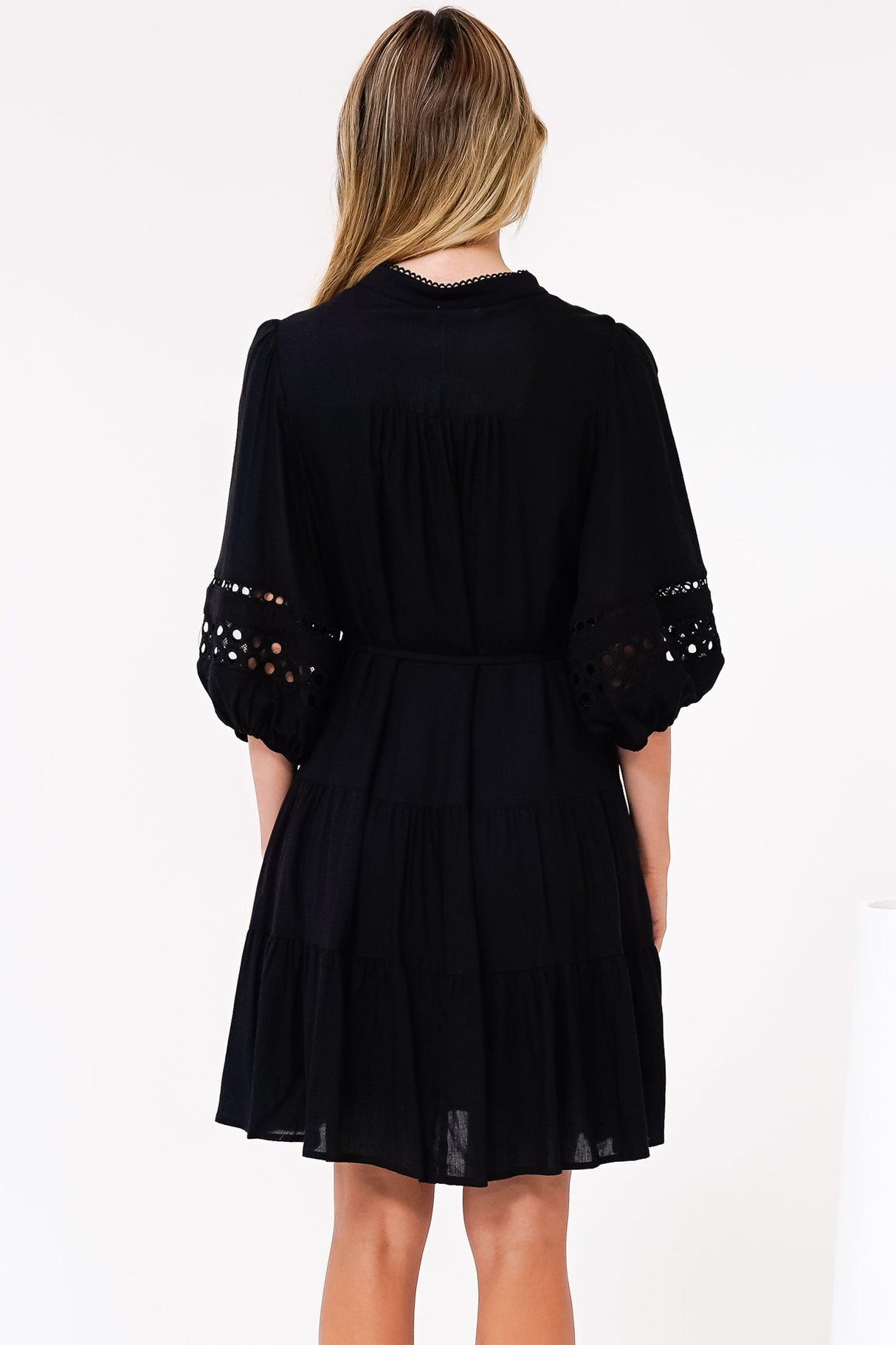 Alyce Mini Dress - Button Down Dress with Cut Out Detailed Sleeves and Matching Belt in Black