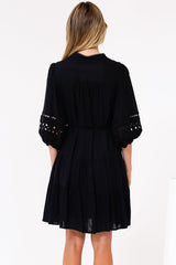 Alyce Mini Dress - Button Down Dress with Cut Out Detailed Sleeves and Matching Belt in Black