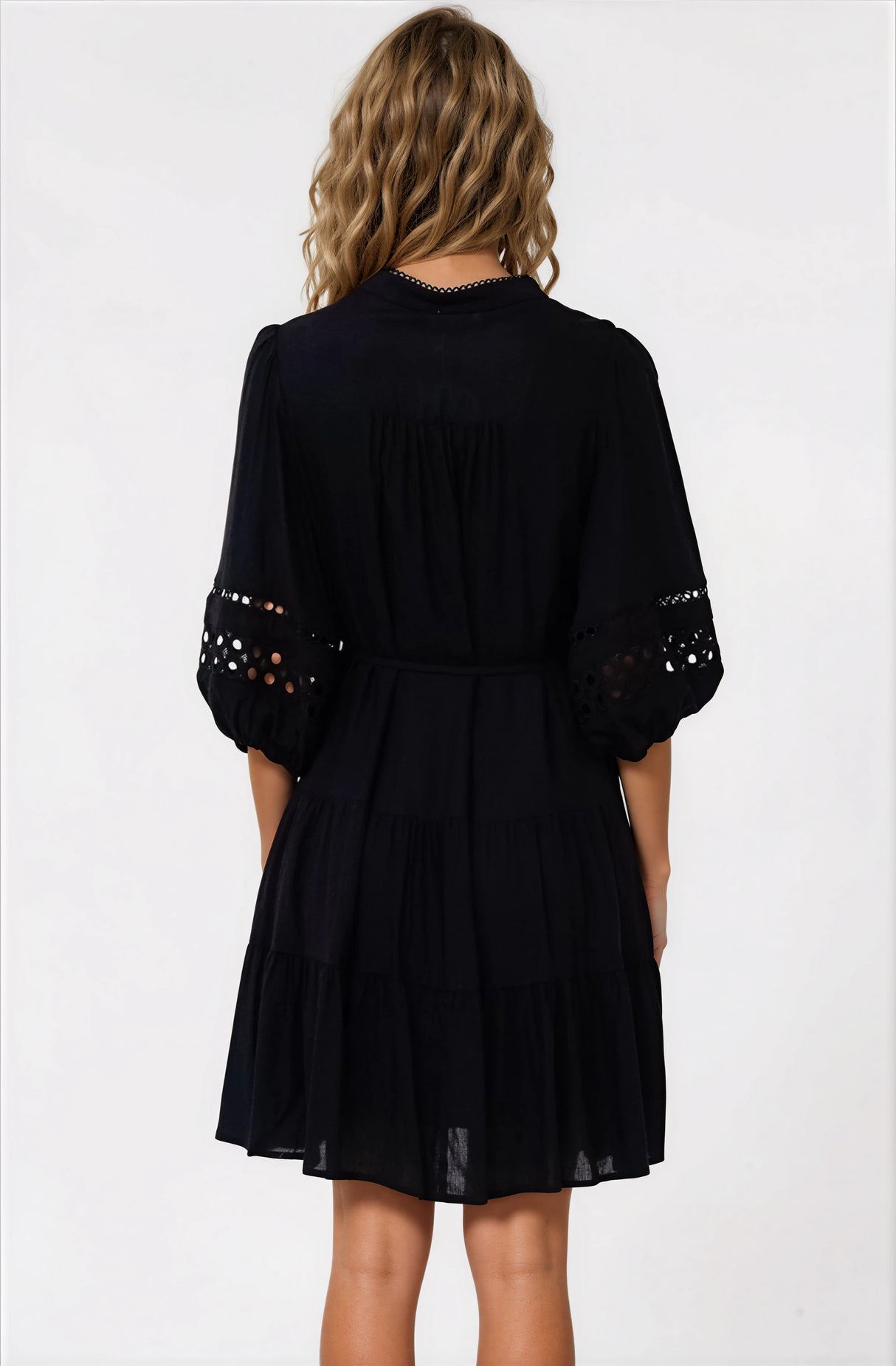 Alyce Mini Dress - Button Down Dress with Cut Out Detailed Sleeves and Matching Belt in Black