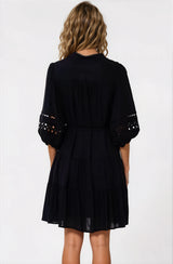 Alyce Mini Dress - Button Down Dress with Cut Out Detailed Sleeves and Matching Belt in Black