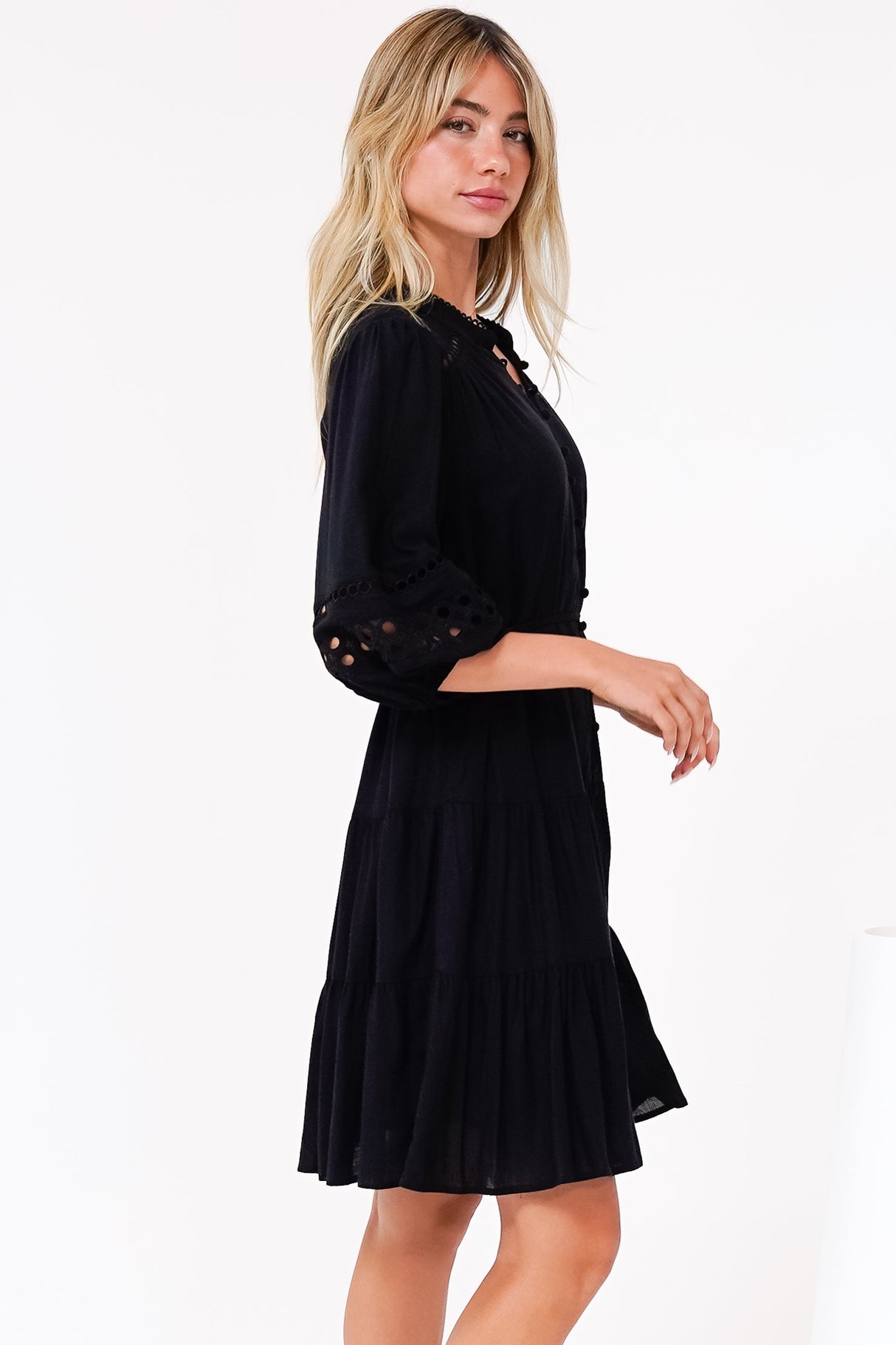 Alyce Mini Dress - Button Down Dress with Cut Out Detailed Sleeves and Matching Belt in Black