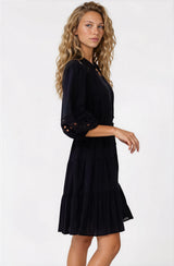 Alyce Mini Dress - Button Down Dress with Cut Out Detailed Sleeves and Matching Belt in Black