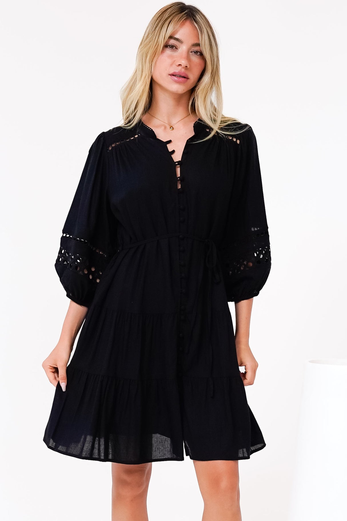 Alyce Mini Dress - Button Down Dress with Cut Out Detailed Sleeves and Matching Belt in Black