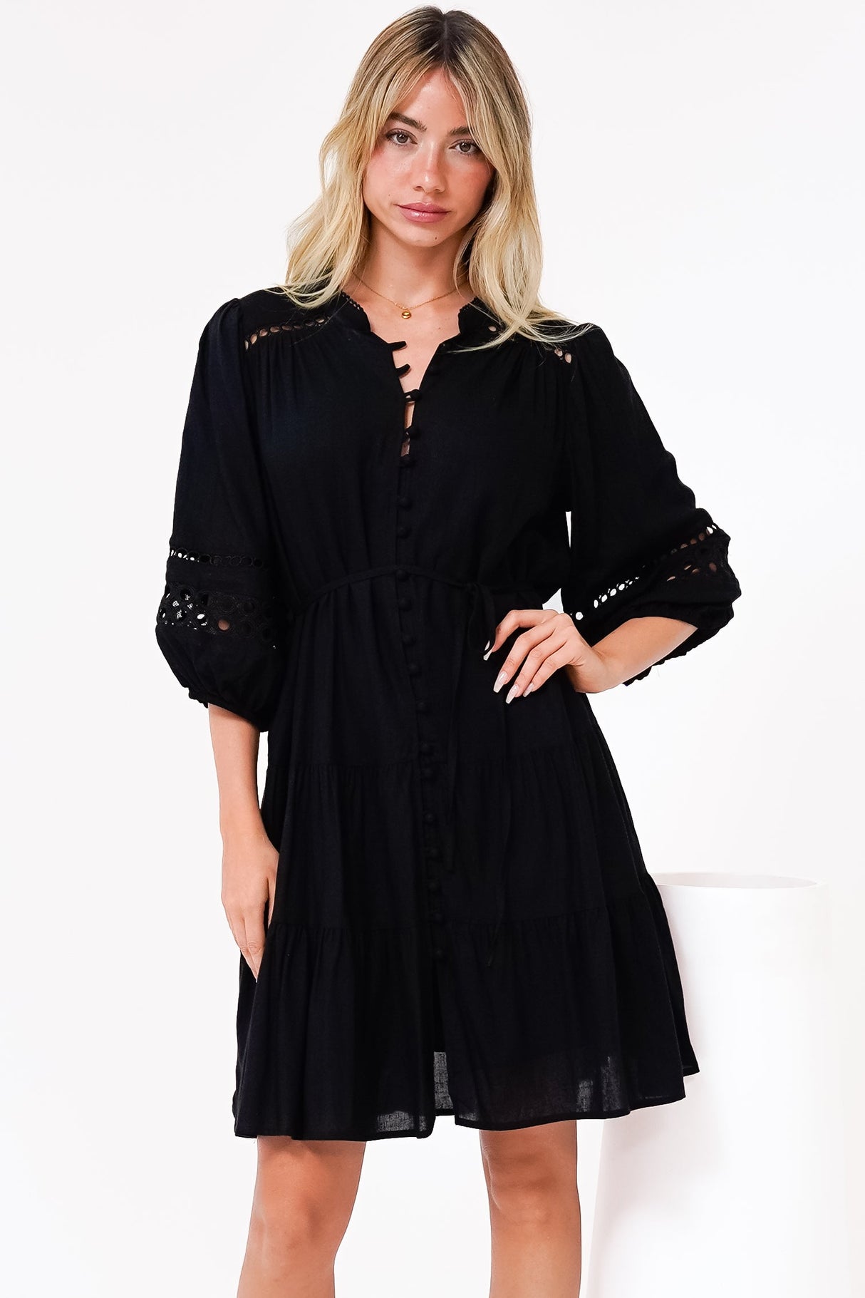 Alyce Mini Dress - Button Down Dress with Cut Out Detailed Sleeves and Matching Belt in Black