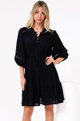 Alyce Mini Dress - Button Down Dress with Cut Out Detailed Sleeves and Matching Belt in Black