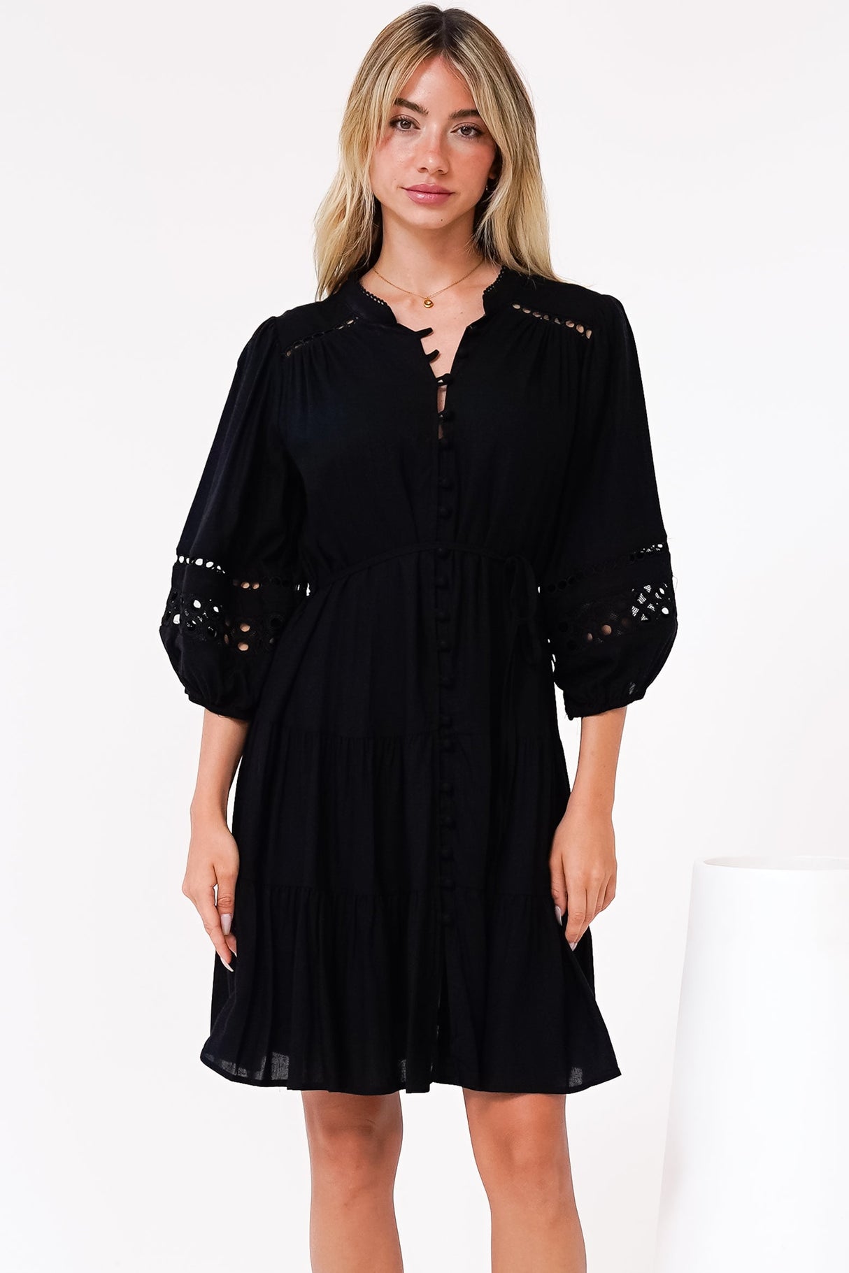 Alyce Mini Dress - Button Down Dress with Cut Out Detailed Sleeves and Matching Belt in Black