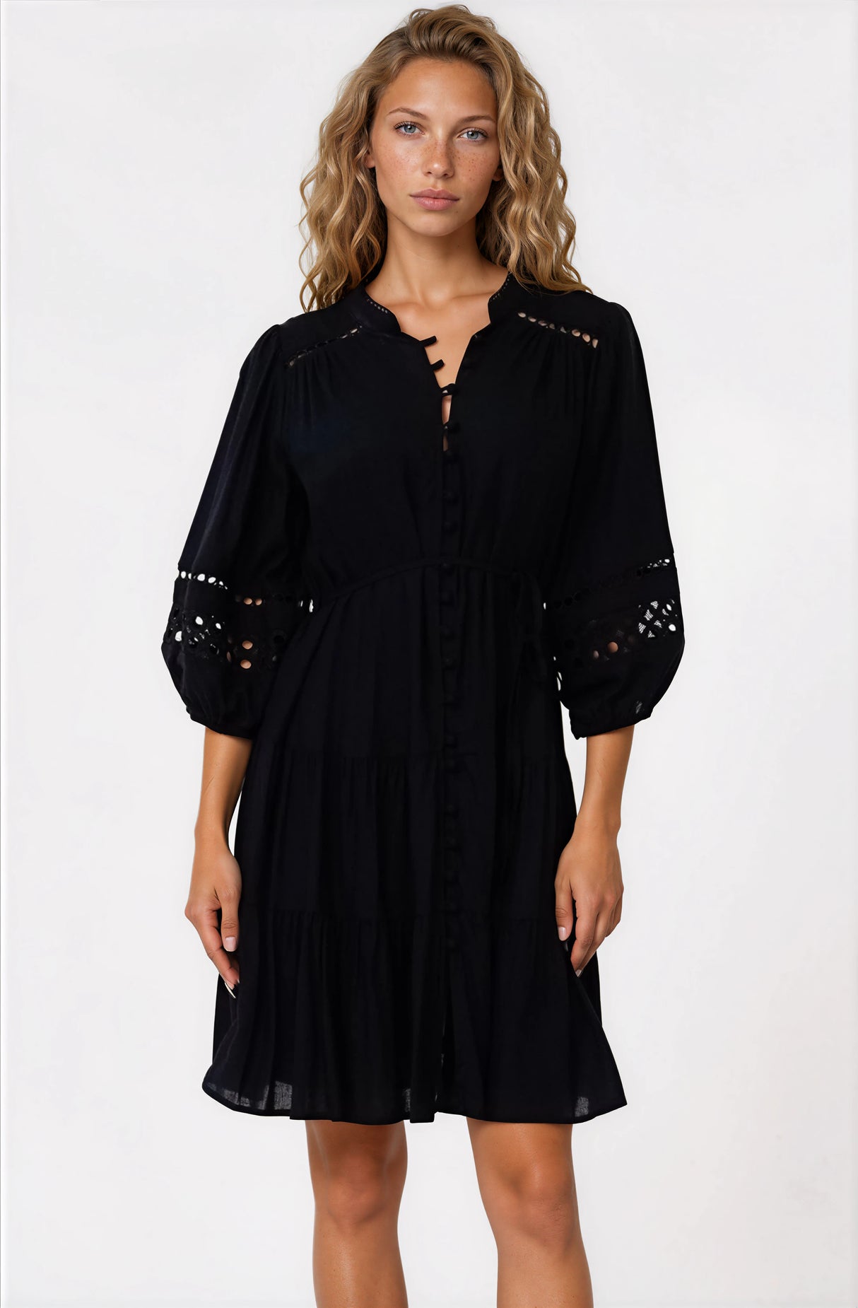 Alyce Mini Dress - Button Down Dress with Cut Out Detailed Sleeves and Matching Belt in Black