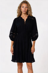 Alyce Mini Dress - Button Down Dress with Cut Out Detailed Sleeves and Matching Belt in Black