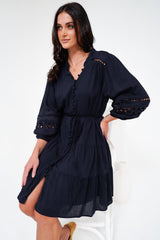 Alyce Mini Dress - Button Down Dress with Cut Out Detailed Sleeves and Matching Belt in Navy