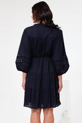 Alyce Mini Dress - Button Down Dress with Cut Out Detailed Sleeves and Matching Belt in Navy