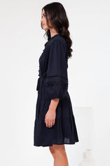 Alyce Mini Dress - Button Down Dress with Cut Out Detailed Sleeves and Matching Belt in Navy