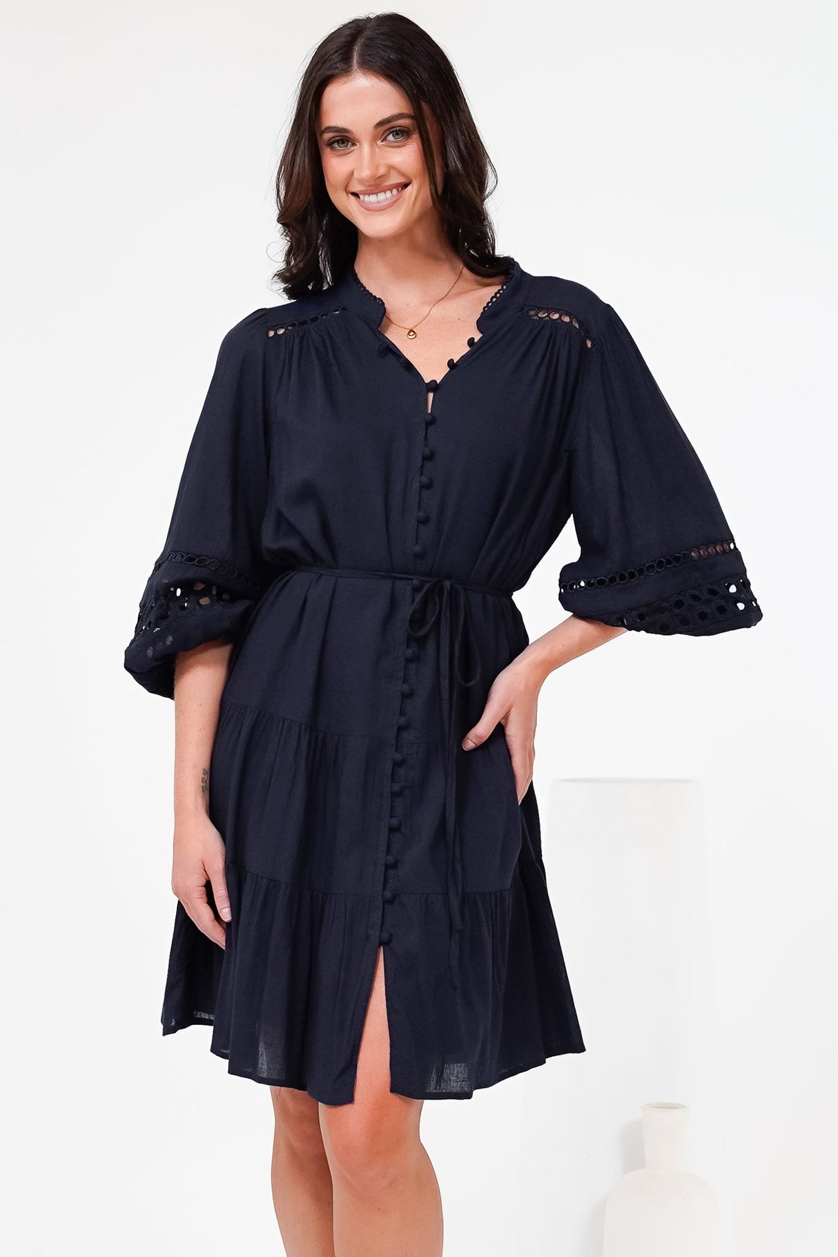 Alyce Mini Dress - Button Down Dress with Cut Out Detailed Sleeves and Matching Belt in Navy