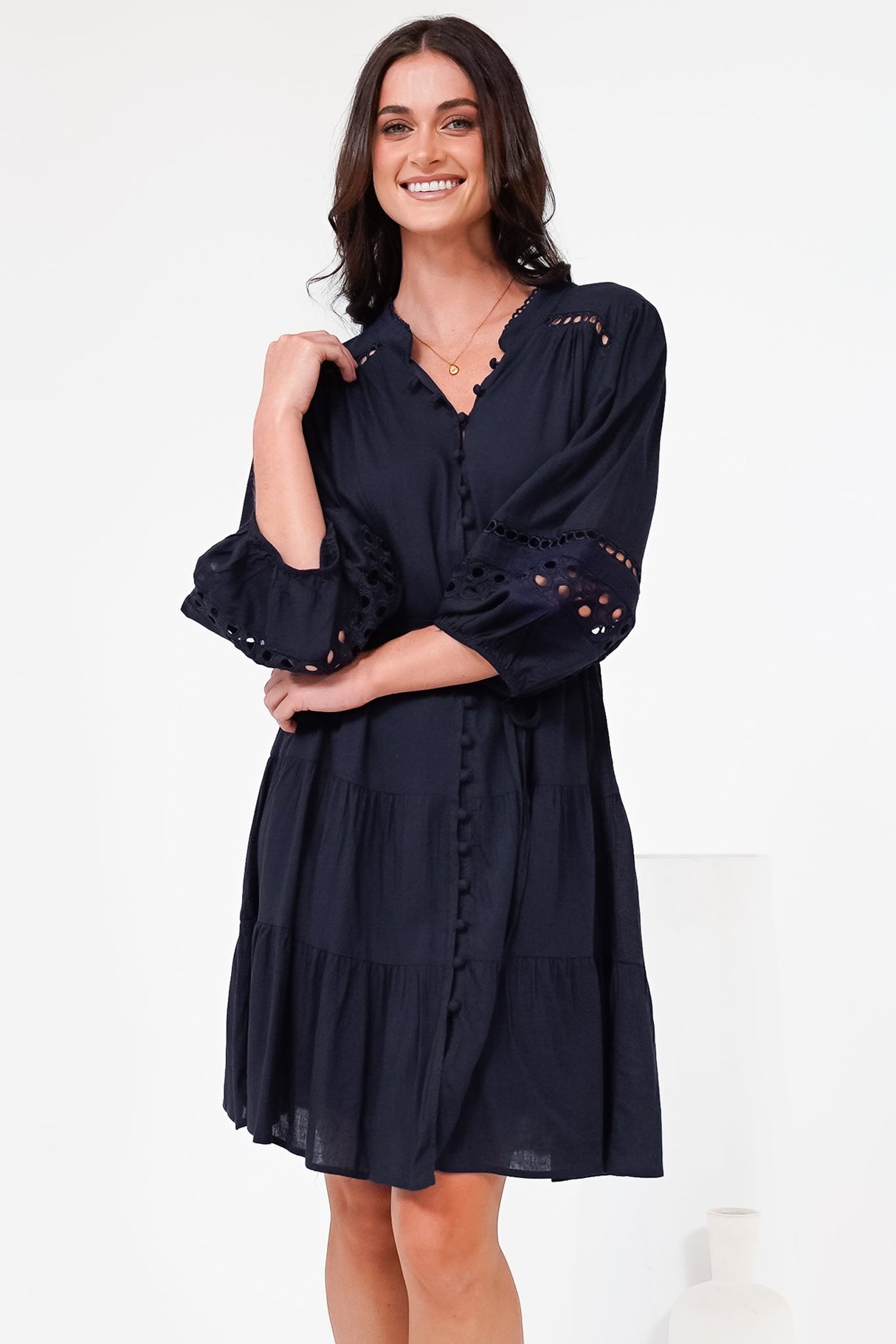 Alyce Mini Dress - Button Down Dress with Cut Out Detailed Sleeves and Matching Belt in Navy