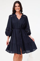 Alyce Mini Dress - Button Down Dress with Cut Out Detailed Sleeves and Matching Belt in Navy