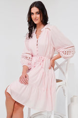 Alyce Mini Dress - Button Down Dress with Cut Out Detailed Sleeves and Matching Belt in Pink