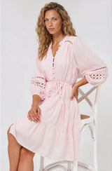 Alyce Mini Dress - Button Down Dress with Cut Out Detailed Sleeves and Matching Belt in Pink