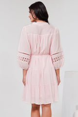 Alyce Mini Dress - Button Down Dress with Cut Out Detailed Sleeves and Matching Belt in Pink