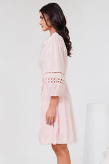 Alyce Mini Dress - Button Down Dress with Cut Out Detailed Sleeves and Matching Belt in Pink