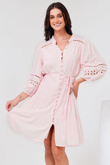 Alyce Mini Dress - Button Down Dress with Cut Out Detailed Sleeves and Matching Belt in Pink