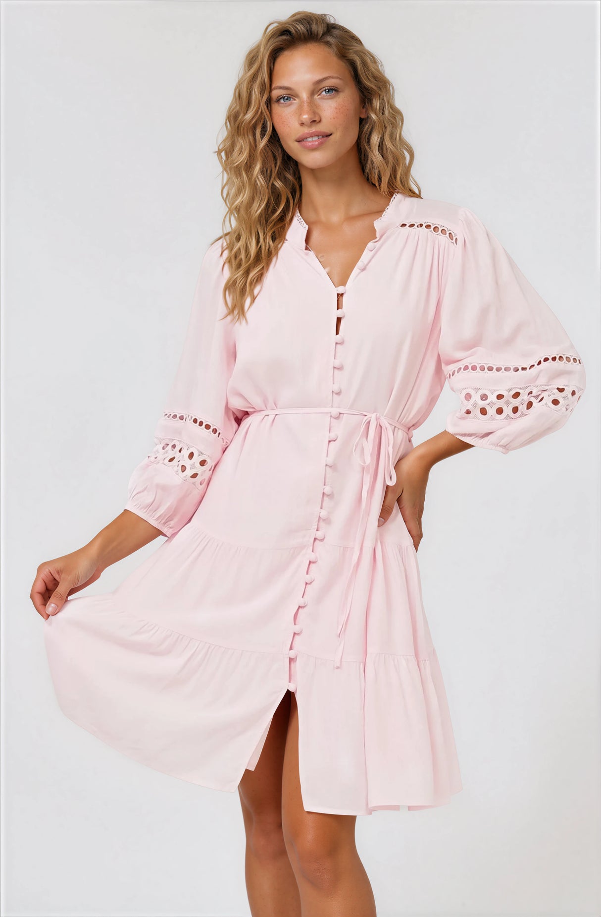 Alyce Mini Dress - Button Down Dress with Cut Out Detailed Sleeves and Matching Belt in Pink