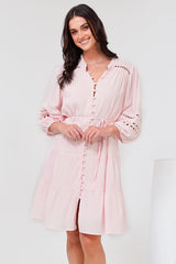 Alyce Mini Dress - Button Down Dress with Cut Out Detailed Sleeves and Matching Belt in Pink