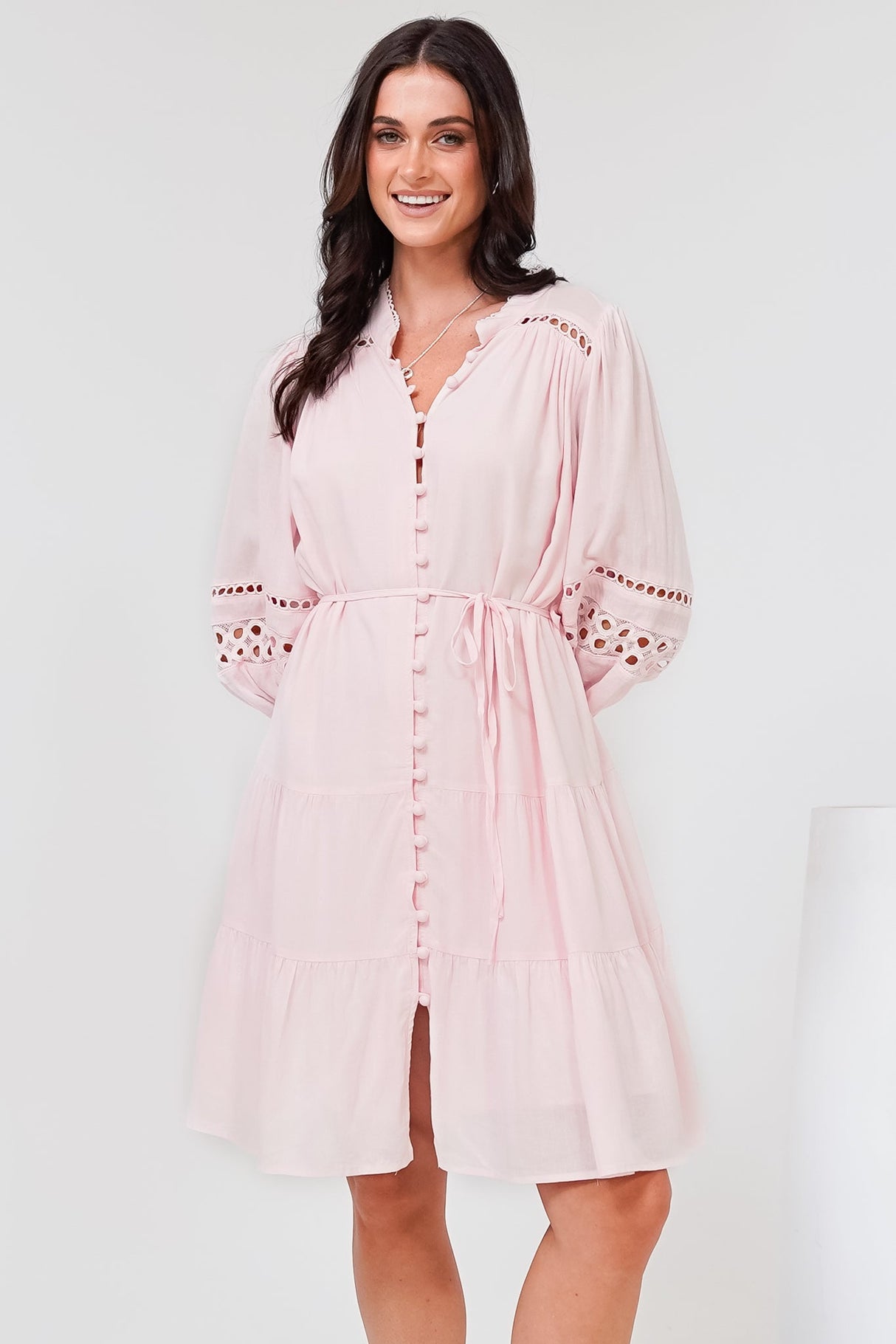 Alyce Mini Dress - Button Down Dress with Cut Out Detailed Sleeves and Matching Belt in Pink