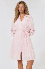 Alyce Mini Dress - Button Down Dress with Cut Out Detailed Sleeves and Matching Belt in Pink