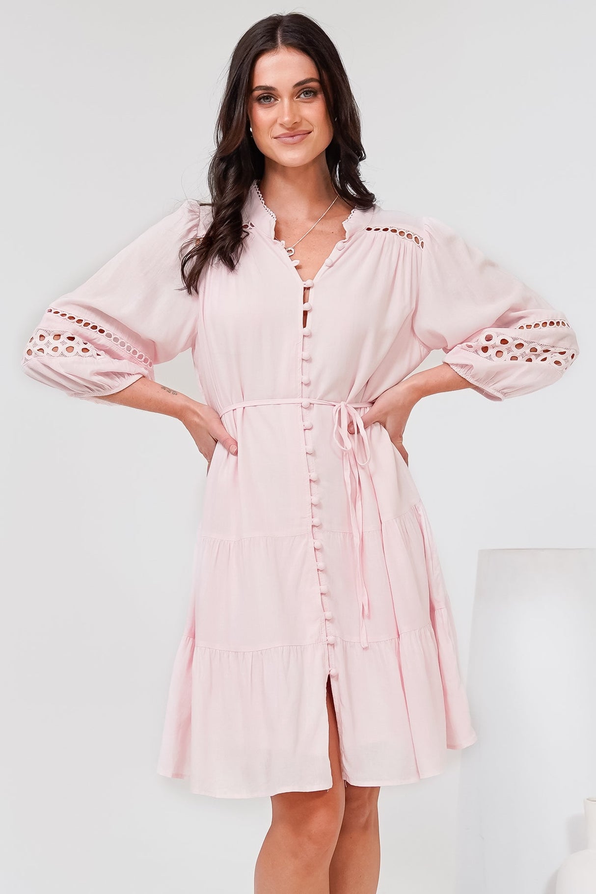 Alyce Mini Dress - Button Down Dress with Cut Out Detailed Sleeves and Matching Belt in Pink