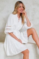 Alyce Mini Dress - Button Down Dress with Cut Out Detailed Sleeves and Matching Belt in White