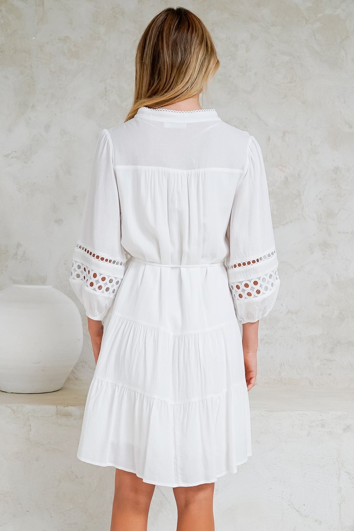 Alyce Mini Dress - Button Down Dress with Cut Out Detailed Sleeves and Matching Belt in White