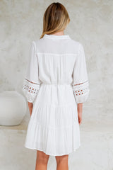 Alyce Mini Dress - Button Down Dress with Cut Out Detailed Sleeves and Matching Belt in White