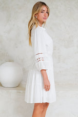 Alyce Mini Dress - Button Down Dress with Cut Out Detailed Sleeves and Matching Belt in White