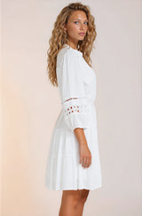 Alyce Mini Dress - Button Down Dress with Cut Out Detailed Sleeves and Matching Belt in White