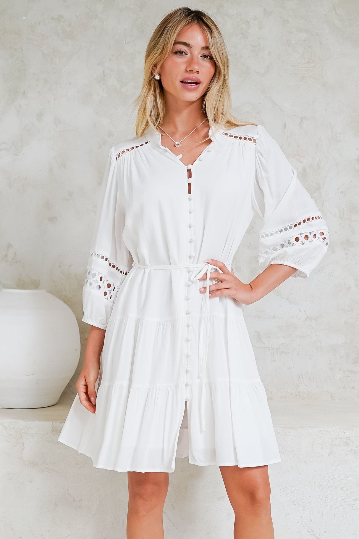 Alyce Mini Dress - Button Down Dress with Cut Out Detailed Sleeves and Matching Belt in White
