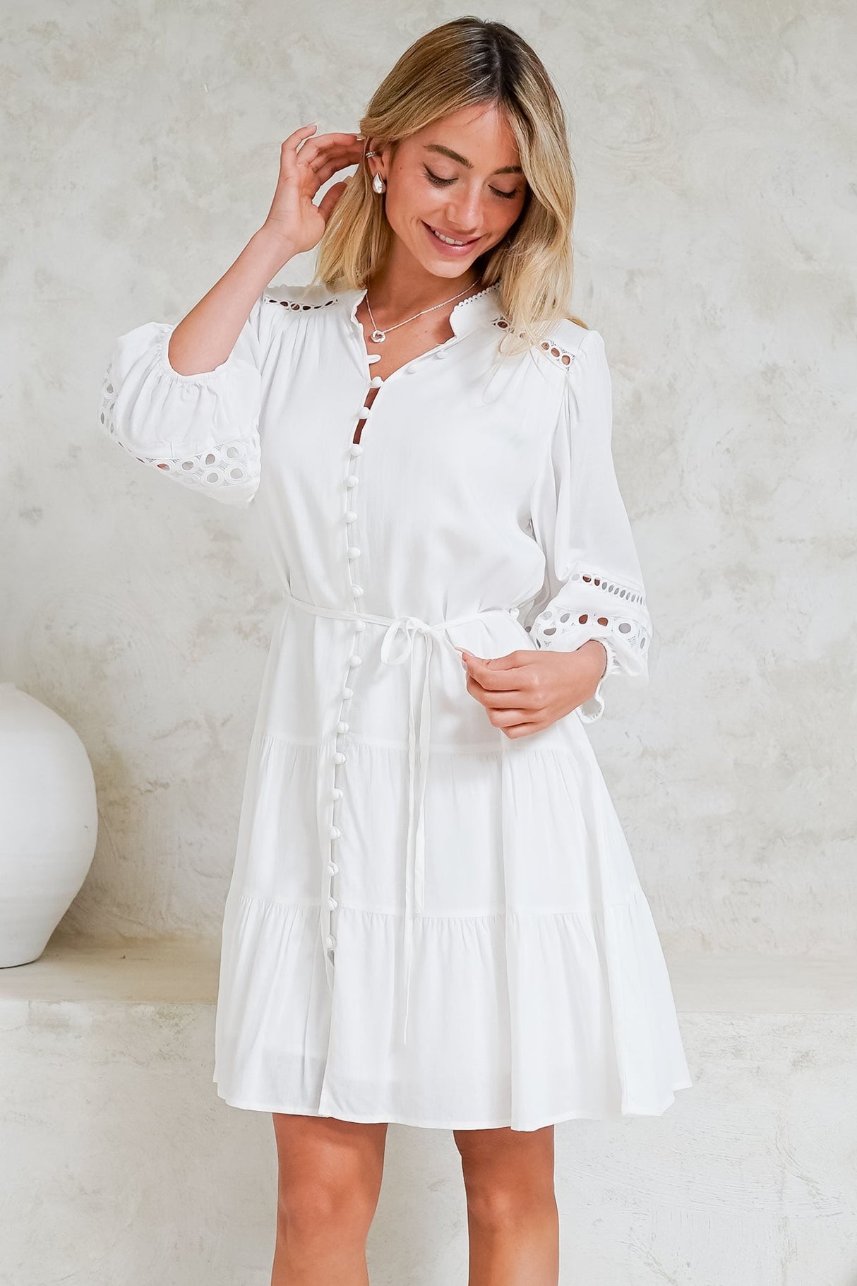 Alyce Mini Dress - Button Down Dress with Cut Out Detailed Sleeves and Matching Belt in White