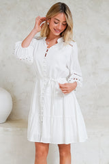 Alyce Mini Dress - Button Down Dress with Cut Out Detailed Sleeves and Matching Belt in White